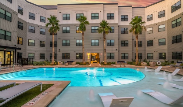 Sparkling pool at Prose Hardy Yards in Houston, Tx